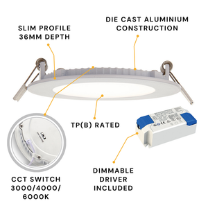 Dimmable Slim Flat Recessed Round Downlight Panel Light Fitting | LED 18W 1600lm | CCT Tri-Colour | IP44 | White