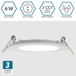 Slim Flat Recessed Round Downlight Panel Light Fitting | LED 6W 450lm | CCT Tri-Colour | IP44 | White
