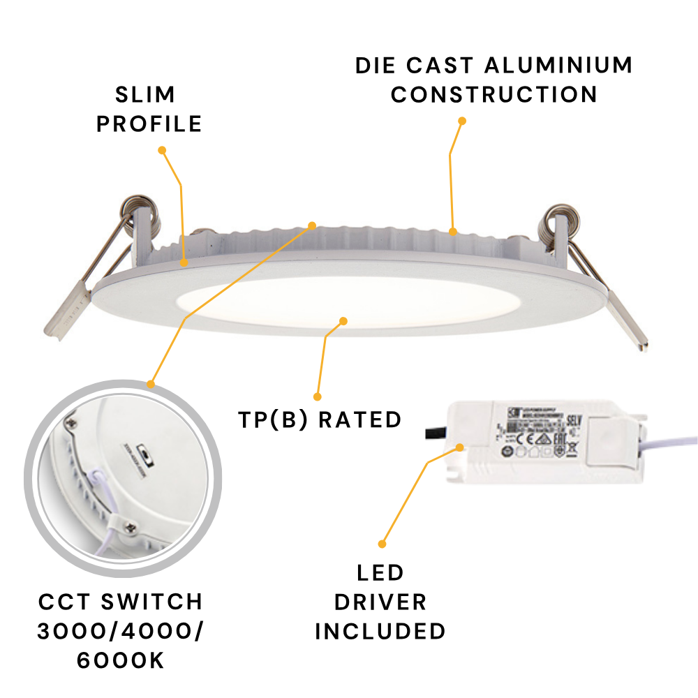 Slim Flat Recessed Round Downlight Panel Light Fitting | LED 6W 450lm | CCT Tri-Colour | IP44 | White
