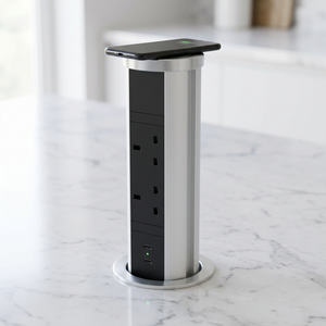 KENSAL | Pop-Up Worktop Socket | 2 x UK Sockets + 2 x USB-C PD 20W | Wireless Charging | Silver