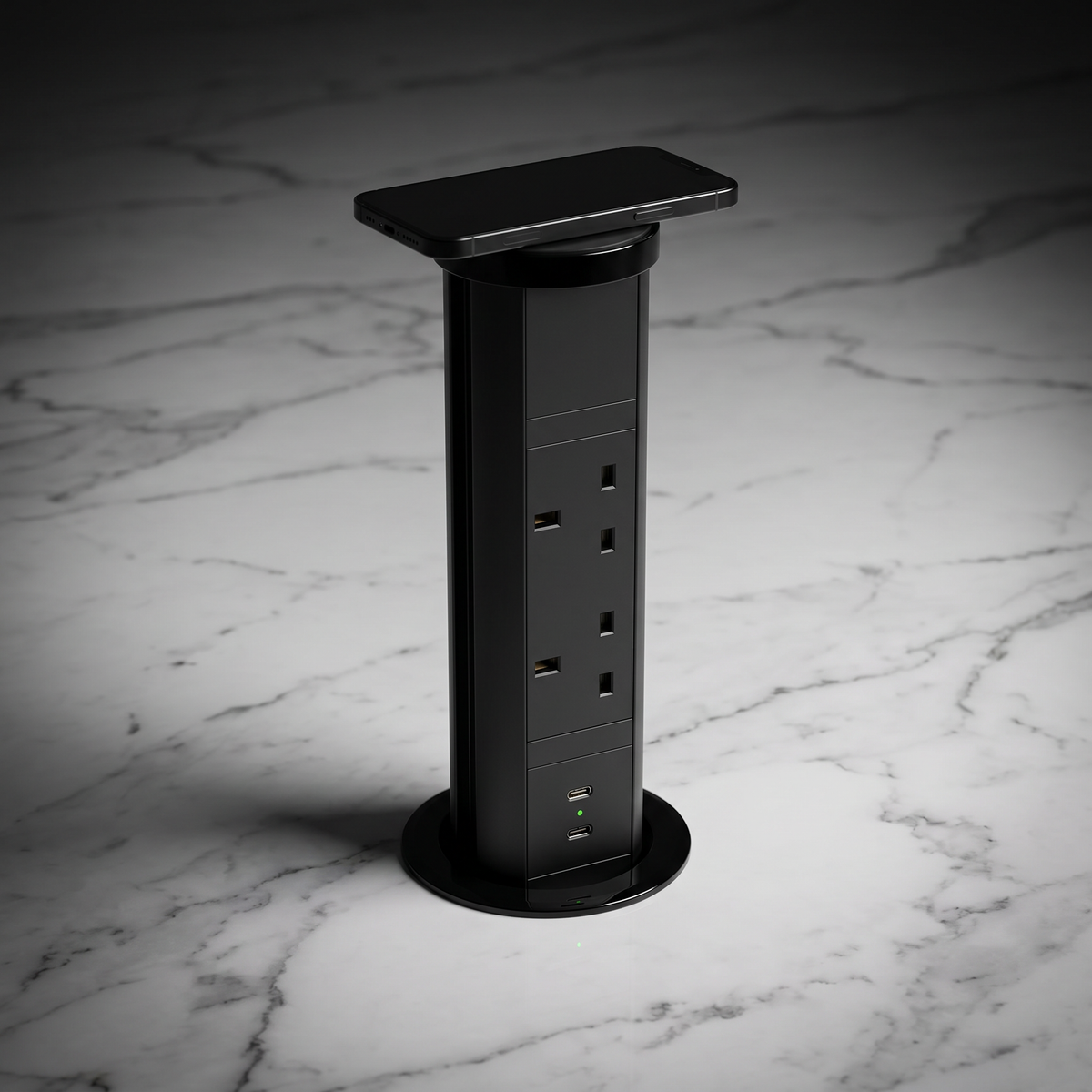 KENSAL | Pop-Up Worktop Socket | 2 x UK Sockets + 2 x USB-C PD 20W | Wireless Charging | Black