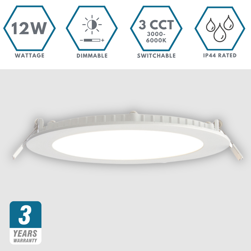 Dimmable Slim Flat Recessed Round Downlight Panel Light Fitting | LED 12W 1000lm | CCT Tri-Colour | IP44 | White
