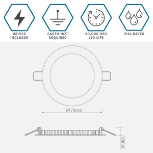 Dimmable Slim Flat Recessed Round Downlight Panel Light Fitting | LED 12W 1000lm | CCT Tri-Colour | IP44 | White