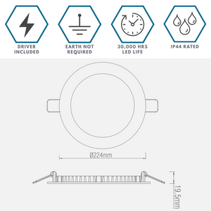 Dimmable Slim Flat Recessed Round Downlight Panel Light Fitting | LED 18W 1600lm | CCT Tri-Colour | IP44 | White