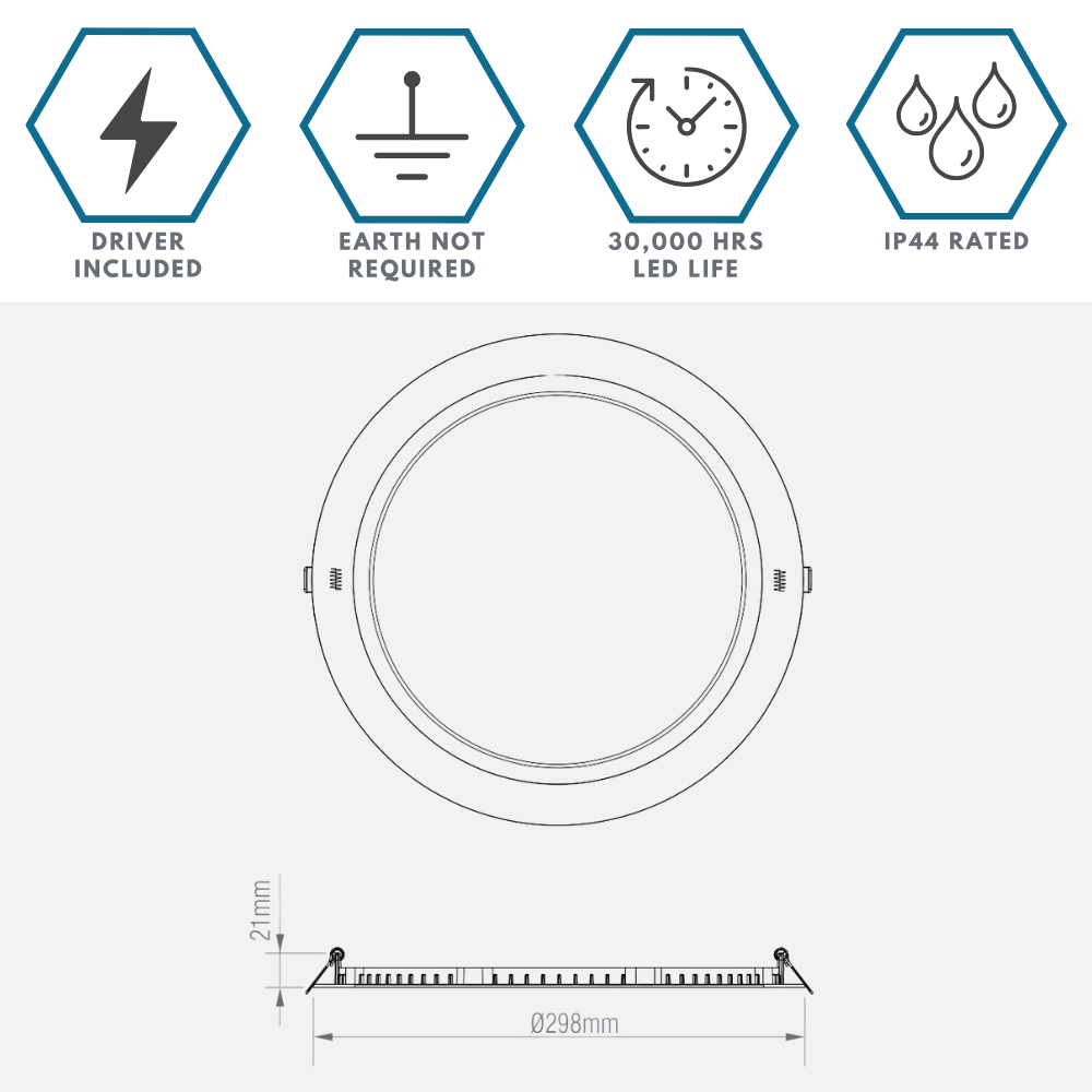 Dimmable Slim Flat Recessed Round Downlight Panel Light Fitting | LED 24W 2200lm | CCT Tri-Colour | IP44 | White