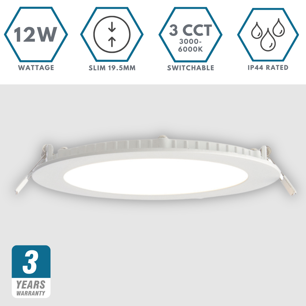 Slim Flat Recessed Round Downlight Panel Light Fitting | LED 12W 1000lm | CCT Tri-Colour | IP44 | White