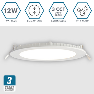 Slim Flat Recessed Round Downlight Panel Light Fitting | LED 12W 1000lm | CCT Tri-Colour | IP44 | White