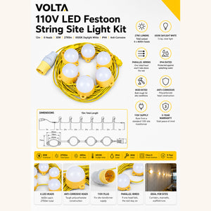 VOLTA 110V LED Festoon String Site Light Kit | IP44 | 30W 2790lm | 6500K Daylight White | 12m 6 Heads