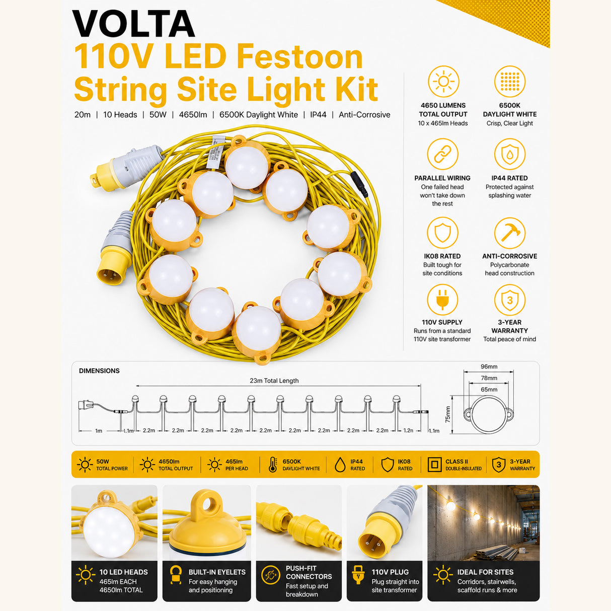 VOLTA 110V LED Festoon String Site Light Kit | IP44 | 50W 4650lm | 6500K Daylight White | 20m 10 Heads