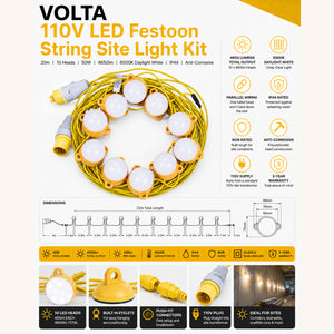 VOLTA 110V LED Festoon String Site Light Kit | IP44 | 50W 4650lm | 6500K Daylight White | 20m 10 Heads