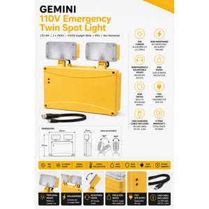 GEMINI 110V Emergency Twin Spot Light | LED 4W 2 x 250lm | 6500K Daylight White | IP65 | Non-Maintained