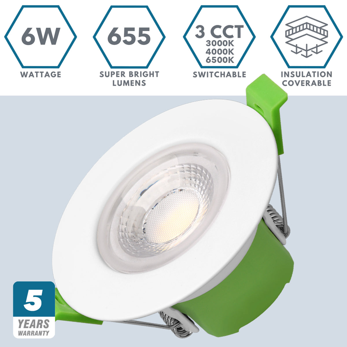 STRATA 5 | Tri-Colour CCT | LED Fire Rated Downlight | Dimmable 6W 655lm | IP65 | White