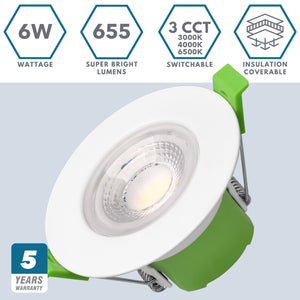STRATA 5 | Tri-Colour CCT | LED Fire Rated Downlight | Dimmable 6W 655lm | IP65 | White