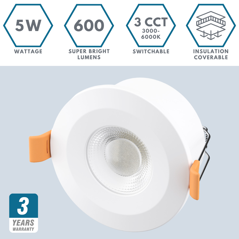 STRATA 5 | Tri-Colour CCT | LED Fire Rated Downlight | Dimmable 5W 600lm | IP65 | White