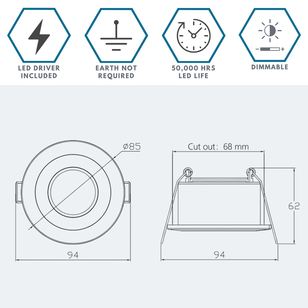 STRATA 5 | Tri-Colour CCT | LED Fire Rated Downlight | Dimmable 5W 600lm | IP65 | White