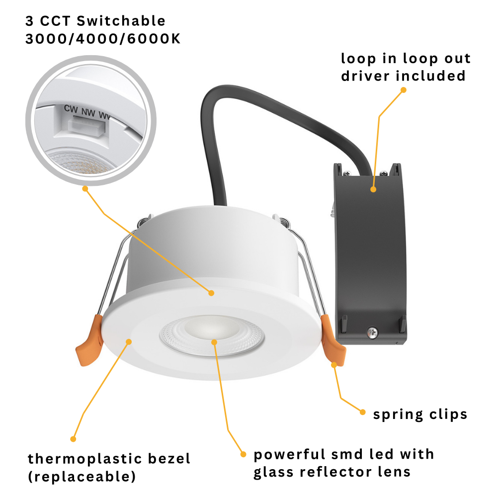 STRATA 5 | Tri-Colour CCT | LED Fire Rated Downlight | Dimmable 5W 600lm | IP65 | White