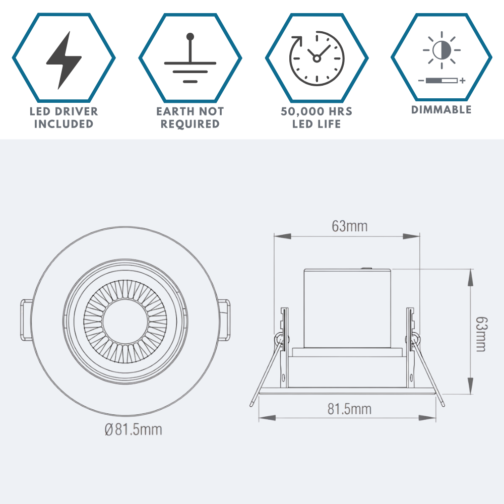 Fire Rated Dimmable Tilt Adjustable Downlight | LED 5W 480lm | 3000K Warm White | IP65 | White