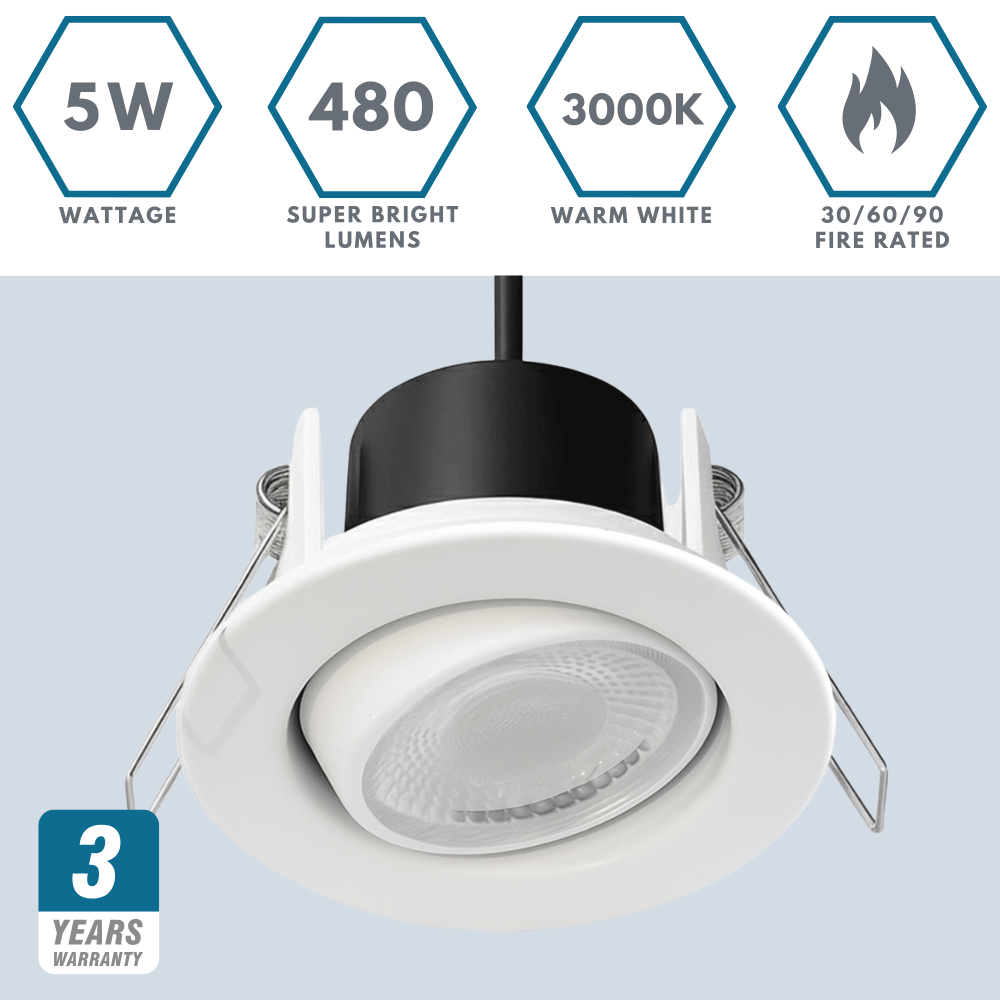 Fire Rated Dimmable Tilt Adjustable Downlight | LED 5W 480lm | 3000K Warm White | IP65 | White