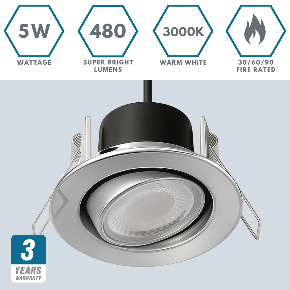 Fire Rated Dimmable Tilt Adjustable Downlight | LED 5W 480lm | 4000K Neutral White | IP65 | Polished Chrome