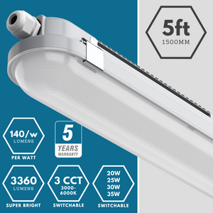 TORO Non-Corrosive LED Batten Light | 5ft 3360lm | CCT Tri-Colour & Multi Wattage | IP65 | Microwave