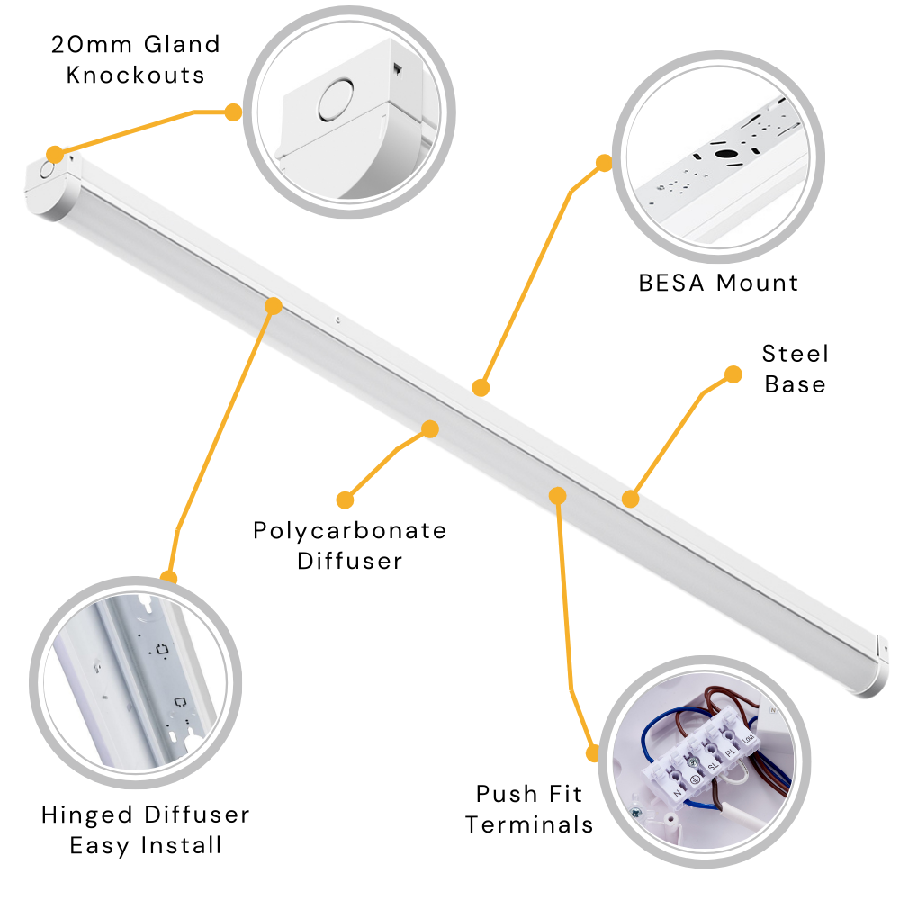 VALA LED Batten Light | 4ft High Lumen 5320lm | CCT Tri-Colour & Multi Wattage | IP20 | Microwave