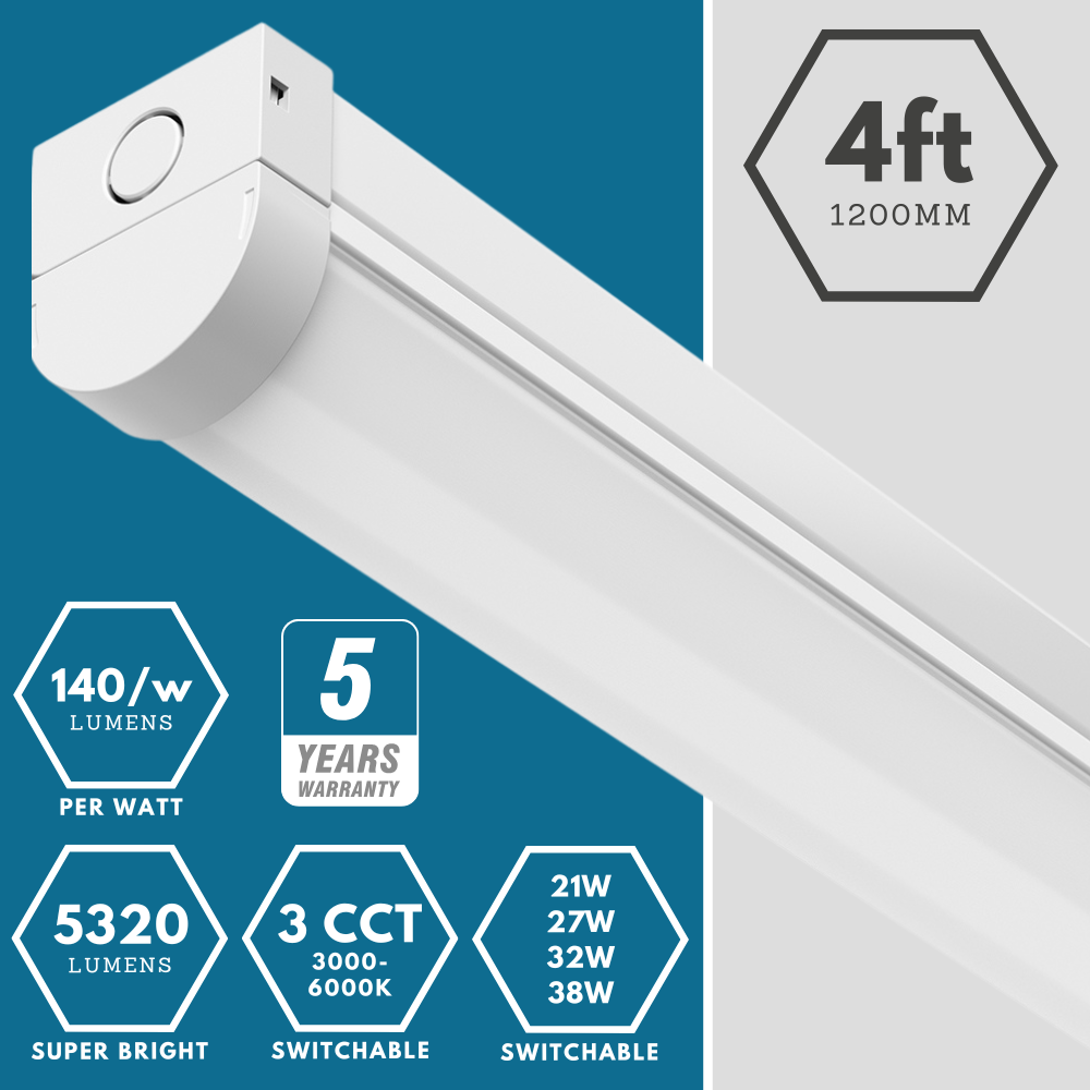 VALA LED Batten Light | 4ft High Lumen 5320lm | CCT Tri-Colour & Multi Wattage | IP20 | Microwave