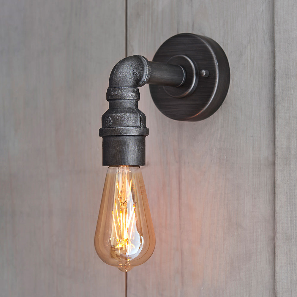 Semi Flush Single Industrial Pipe Wall Decorative Dimmable Light Fitting | E27 | Aged Pewter Finish