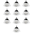 Set of ten white recessed ceiling lights with black fixtures on a white background