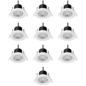 Set of ten white recessed ceiling lights with black fixtures on a white background