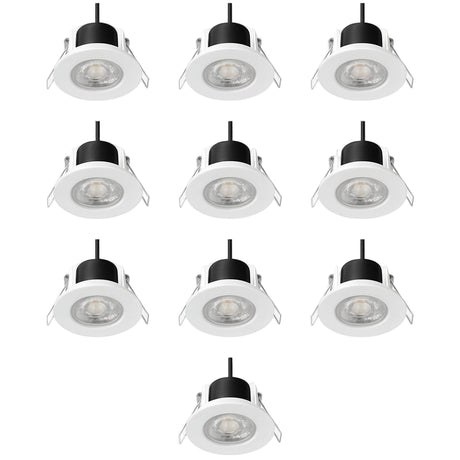 Set of ten white recessed ceiling lights with black fixtures on a white background