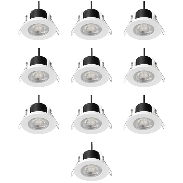 Set of ten white recessed ceiling lights with black fixtures on a white background