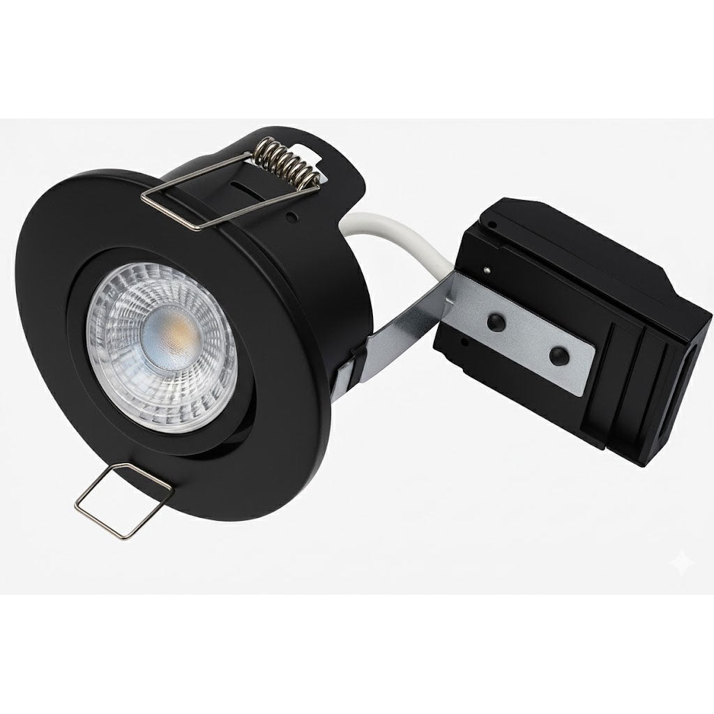 Black Tilt Adjustable Fire Rated GU10 Open Back Downlight | Pressed Steel | IP20 | 30-90 Min Rated