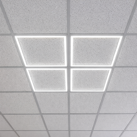 600x600 led frame Ceiling with grid of square tiles, one of which is illuminated.