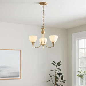Living room with a chandelier, sofa, and decorative elements.
