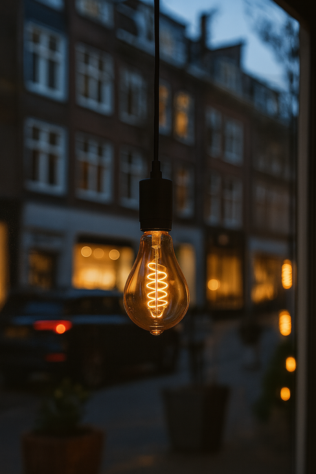 Vintage light bulb hanging against a blurred cityscape background