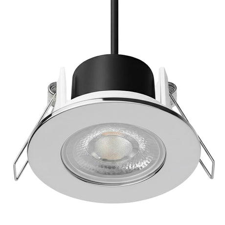 Close-up of a recessed ceiling light with a white and black design on a light gray background