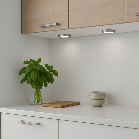 Modern kitchen with white cabinets, a plant, cutting board, and bowls on a countertop.