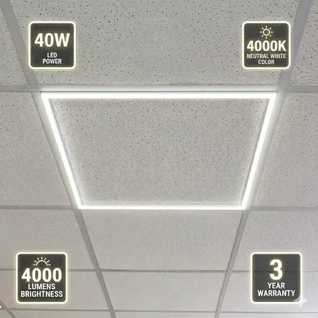 600x600 led frame Ceiling light fixture with specifications on a gray ceiling