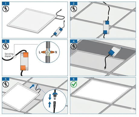 Step-by-step installation guide for a ceiling-mounted light fixture with diagrams and icons.