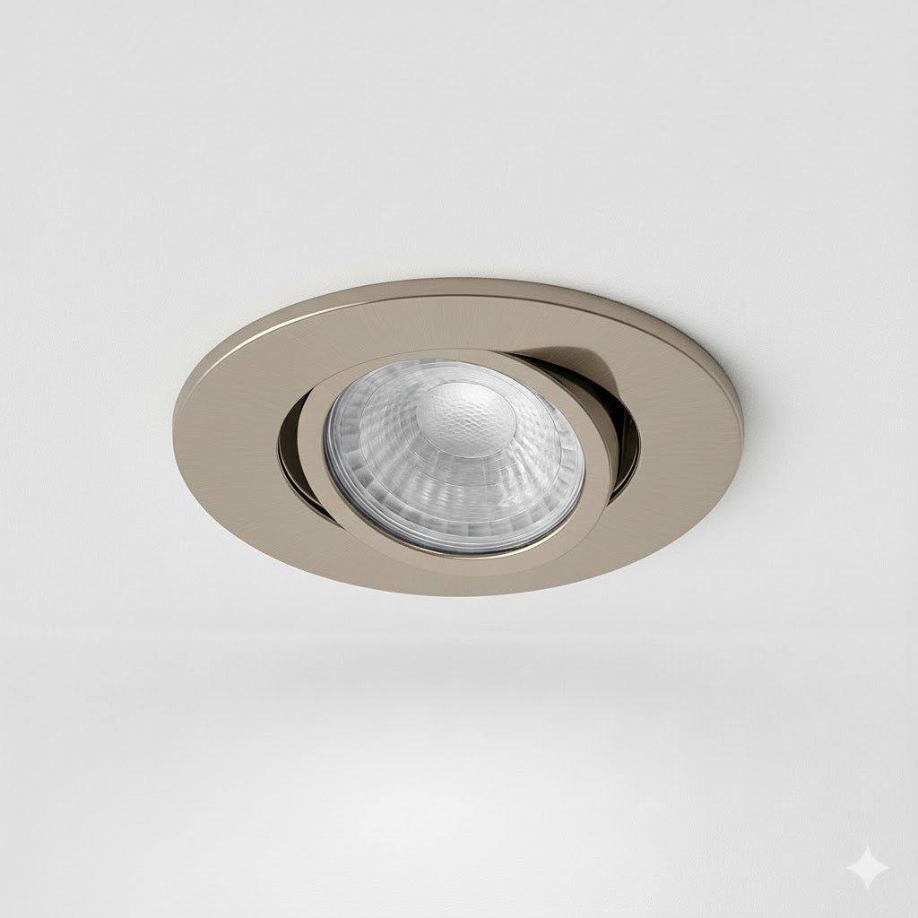 Brushed Nickel Tilt Adjustable Fire Rated GU10 Open Back Downlight | Pressed Steel | IP20 | 30-90 Min Rated