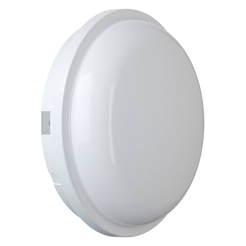 Angled view of SOHO 15W IP65 Small round ceiling or wall LED bulkhead light in white finish